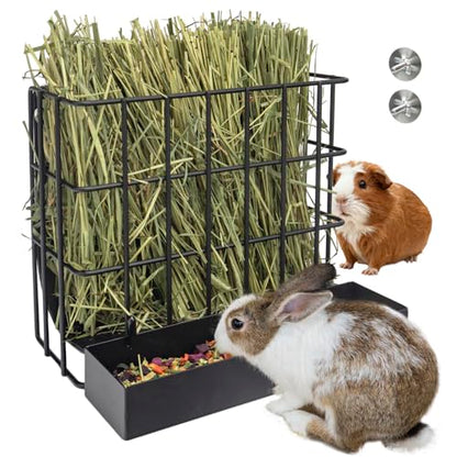 BESNEW 2-in-1 Large Rabbit Hay Feeder with Food Box,Upgraded Metal Guinea Pig Hay Feeder Hay-Leak Proof Bottom,Easy to Install,Bunny Supplies for Rabbit Guinea Pig Chinchilla Small Animals - color: Black, size: 10in feeder-box
