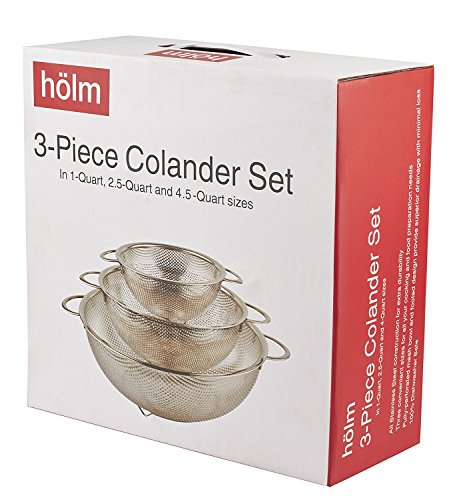 3-Piece Stainless Steel Mesh Micro-Perforated Strainer Colander Set (1-Quart, 2.5-Quart and 4.5-Quart)