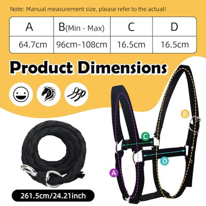 Adjustable Nylon Horse Halter & Matching Lead Set for Horses - color: BLACK