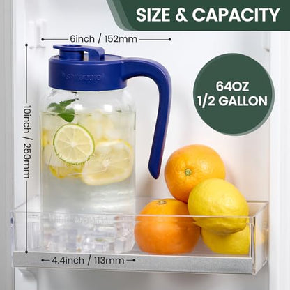 Mason Jar Pitcher, 64 oz (2 quart), Glass Pitcher with Lid | Airtight, Leak proof, Ergonomic Handle, Pour Spout Lid, Fridge Safe, for Sun Tea, Iced Tea, Cold Brew, Lemonade, Outside - color: Blue