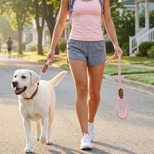Mile High Life Dog Leash Braided Cotton Rope with Leather-Reinforced Ends - color: Pink, size: 48 Inch-1/2"