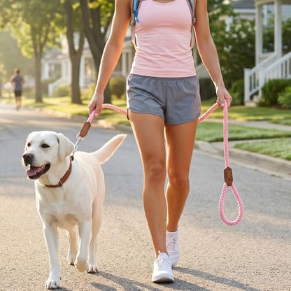 Mile High Life Dog Leash Braided Cotton Rope with Leather-Reinforced Ends - color: Pink, size: 72 Inch-1/2"