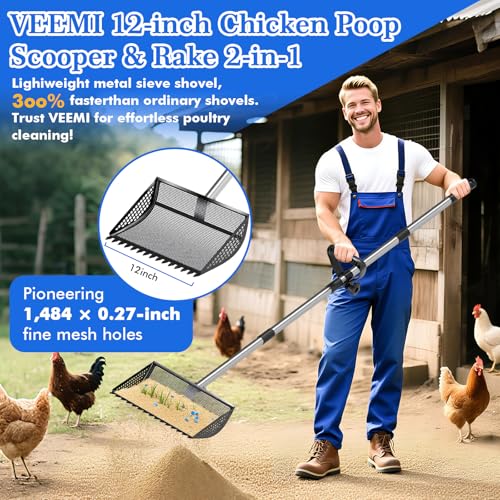 Chicken Poop Scooper Rake 2-in-1,304 Stainless Steel Shovel Head, Chicken Litter Scoop with Handle for Chicken Coop for Sand, Pet Waste Cleaning, Litter Sifting Shovel (35 to 65") (Black, 12inch) - color: Black
