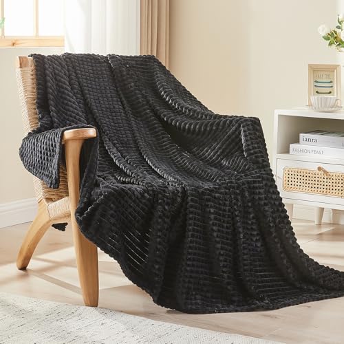 EMME Fleece Blanket, 3D Jacquard Throw Blanket for Couch and Bed, Soft Cozy and Fluffy Blankets Lightweight Luxury Flannel with Geometric Grid Design (Black, 80" x 90") - color: 20-grid-black, size: Queen