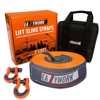 3”x10Ft Super Sturdy Lift Sling Straps 25000 Lbs Breaking Load Capacity Heavy Duty Lifting sling Crane Tree Saver Strap Recovery Straps Tow Strap Pull Hoist 2pcs 3/4 Robust D Ring Shackles+Storage Bag