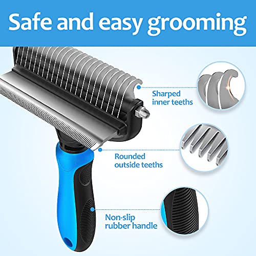 [ 2 in 1 design ] Undercoat Rake and Deshedding Tool for Dogs and Cats - Dematting Comb for Long Hair Pets, Grooming Brush to Clear Mats, Tangles and Reduce Shedding by 95% - color: Blue