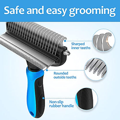 [ 2 in 1 design ] Undercoat Rake and Deshedding Tool for Dogs and Cats - Dematting Comb for Long Hair Pets, Grooming Brush to Clear Mats, Tangles and Reduce Shedding by 95% - color: Blue