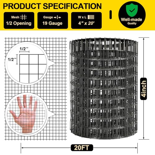 Black Hardware Cloth 4'' x 20' PVC Steel Vinyl Coated 1/2inch Galvanized Wire Mesh Roll（19GA) Chicken Wire Fence Roll, for coop Fences,Screen mesh, Rabbit/Snake Fences, Poultry enclosures, etc. - color: 19(GA)-1/2inch, size: 4In x 20Ft