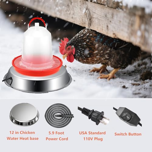 12in Chicken Warer Heater for Winter,5 Gallon Chicken Water Heated Base,Automatic Electric Poultry Winter Deicer Heated Base for Plastic/Metal Poultry Water