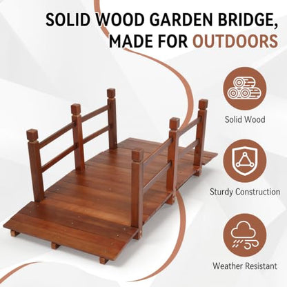Outvita 5 ft Garden Wooden Bridge Arch Natural Finish with Safety Rails Outdoor Footbridge for Backyard Creek Farm, Decorative Pond Bridge - size: 5ft-dark brown