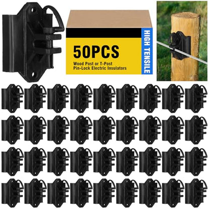 Yaocom 50 Pack Wood Post or T-Post Insulator Pin-Lock Nail-on Electric Wire Fence Insulator for High Tensile Ranch Farm and Property Fencing No Screws Included