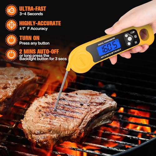 AMMZO Meat Thermometer Digital, Instant Read Food Thermometer - Waterproof w/Backlight for Cooking, Candy, Deep Fry, BBQ, Grill, Candy Making Accessories, Gifts for Men Women(Yellow) - color: Yellow