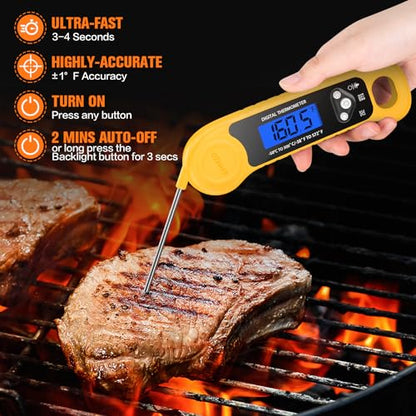 AMMZO Meat Thermometer Digital, Instant Read Food Thermometer - Waterproof w/Backlight for Cooking, Candy, Deep Fry, BBQ, Grill, Candy Making Accessories, Gifts for Men Women(Yellow) - color: Yellow