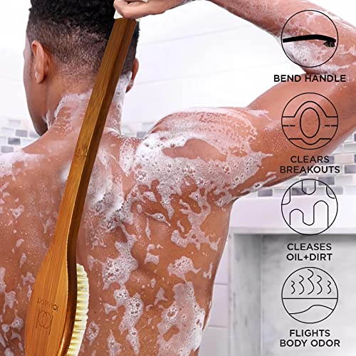 ICANdOIT-19.68Inch Natural Boar Bristles Anti-Slip Extra Long Handle Bath Brush,Bent Handle Shower Scrubber for Exfoliating,Shower Back Brush,Exfoliation Set with Pumice Stone (1 Pack) - size: 19.68"Boar Bristles Back Brush+ Pumice-2Pack