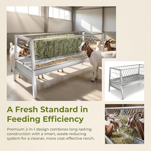59" X 24" X 33.4" Goat Sheep Feeder, 95 Gallon Goat Hay Feeder, Livestock Hay Feeder with Grain Water Pan, Stainless Steel Frame Safe Rounded Edges, Livestock Feed Trough for Goats, Horses and Cattle