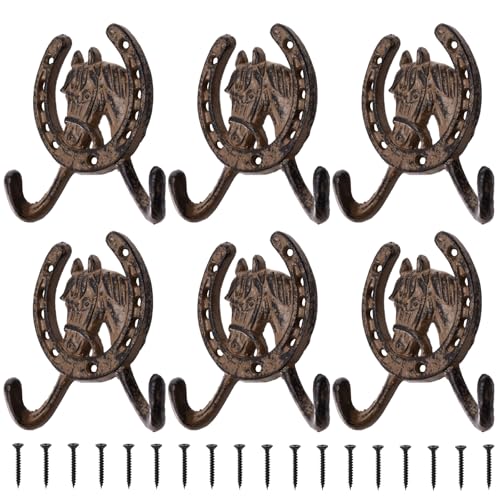 Peohud 6 Pack Cast Iron Coat Hooks, Rustic Double Wall Hooks, Horse Head Horseshoe Hook, Wall Mounted Farmhouse Coat Hangers for Towels, Hats, Keys, Bags, Caps