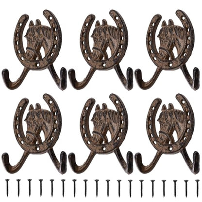 Peohud 6 Pack Cast Iron Coat Hooks, Rustic Double Wall Hooks, Horse Head Horseshoe Hook, Wall Mounted Farmhouse Coat Hangers for Towels, Hats, Keys, Bags, Caps