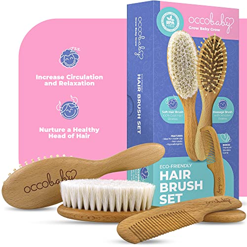 OCCObaby Wooden Baby Hair brush Set for Newborns & Toddlers - Soft Hair Brush for Baby Grooming - Baby Scalp Brush and baby comb for Cradle Cap - Toddler Comb