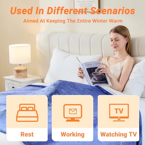Heated Blanket Electric Throw, 50"x60" Soft Flannel Heating Blanket with 8 Hours Auto Off 10 Fast Heating Levels Machine Washable Sherpa Heated Throw Blanket with Overheating Protection - color: Blue, size: Throw(50" x 60")