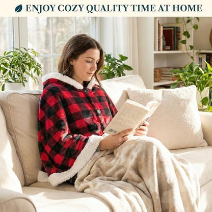 PAVILIA Hooded Blanket Poncho, Fleece Wearable Shawl Wrap Throw, Plaid Red | Fleece Shawl Wrap with Hood, Adult Wearable Blanket, Cozy Warm Poncho Cape Throw with Pockets, Gift for Elderly Mom - color: Checker Red