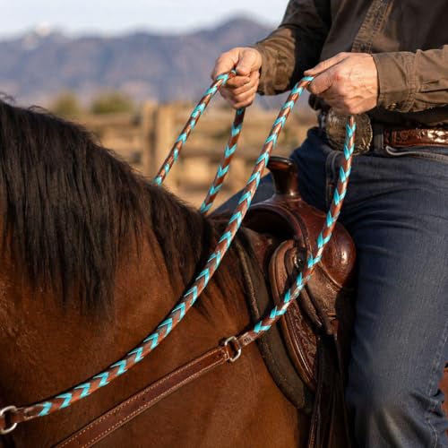 CHALLENGER 8' Horse Western Leather Latigo Laced Barrel Contest Reins 66RT10 - color: Turquoise
