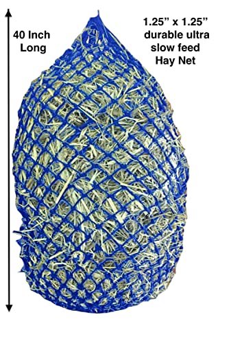 Majestic Ally 1.25”x1.25” Holes Ultra Slow Feed 40” Very Sturdy Hay Net with Bottom Ring for Goat, Sheep, Simulate Grazing and Reduces Waste (Royal Blue) - color: Royal Blue