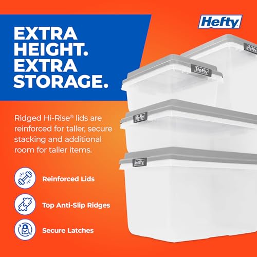 Hefty 40 Qt Hi-Rise Storage Bin with Lid, Stackable Plastic Storage Container, Organizer for Home, Garage & Closet, 6 Pack, Gray - size: 40 QT - 6 Pack