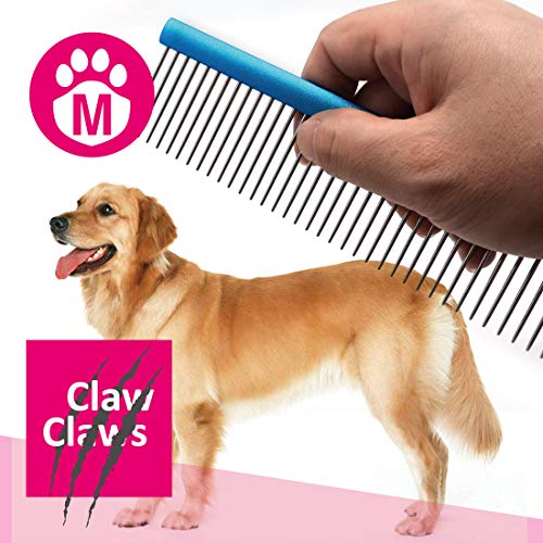 Greyhound Comb with Oval Handle for Dogs and Cats, Removing and Shedding Matted, Tangled Hair, Metal Comb with Stainless Steel Pins, Detangling Grooming Tool (9.8" Blue-20% fine pins) - color: Blue-20% fine pins, size: Medium