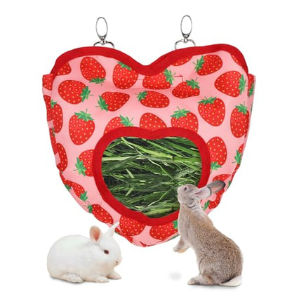 Rabbit Hay Feeder, 1 Hole Hanging Hay Bag for Rabbits Guinea Pig Bunny Chinchillas Washable Rabbit Hay Holder 10.6x11.8inch - color: heart strawberry