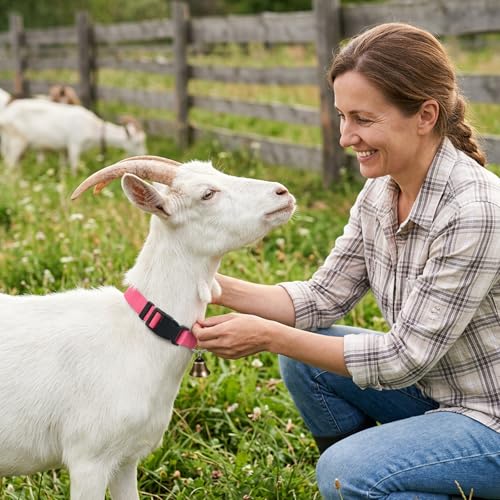 4Pcs Goat Collars with Bells, Nylon Animal Collars in Red Green Blue Pink Colors, Adjustable Farm Collar for Grazing Management and Animal Tracking, Durable Livestock Accessories for Small Farms