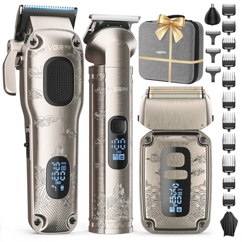 VGRPRO Hair Clippers for Men, Beard Trimmer, Foil Shaver 3-in-1 Clipper Set | Cordless Grooming Kit, 14 Guide Comb (Left/Right Ear Taper), Nose Trimmer Head, 4-Speed Setting Shaver, LED Display, EVA case - color: Silver