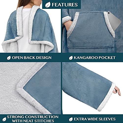 PAVILIA Sherpa Wearable Blanket with Sleeves and Pocket, Plush Thick Cozy Body Blanket Wrap for Adult Women Men, Christmas Gift for Wife Mom, Dusty Blue - color: Dusty Blue