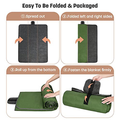 Tirrinia Waterproof Outdoor Blanket with Sherpa Lining, Windproof Foldable - color: Dark Green/Grey, size: 59” x 80”