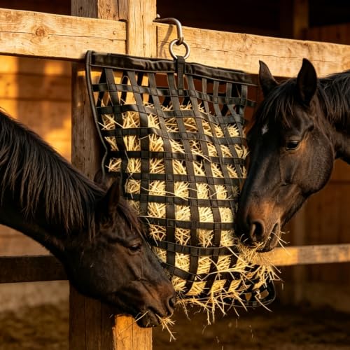 Slow Feed Hay Net for Horses, Durable Hay Feeder Net with O-Rings for Horses Goats Donkeys Sheep Full Day Feeding, Easy to Fill & Hang, Large Capacity, 37" x 30", 2" Holes, Black