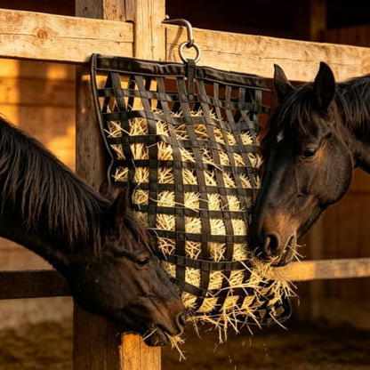 Slow Feed Hay Net for Horses, Durable Hay Feeder Net with O-Rings for Horses Goats Donkeys Sheep Full Day Feeding, Easy to Fill & Hang, Large Capacity, 37" x 30", 2" Holes, Black