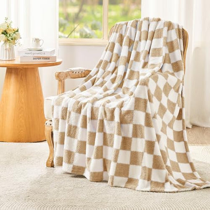 EMME Checkered Blanket Twin Size - 60"x80" Beige Knit Blanket Soft Fluffy Patterned Throw Blankets for Couch, Sofa, Chair, Bed, Camping, Picnic, Travel - color: 21-checkered Beige, size: Twin