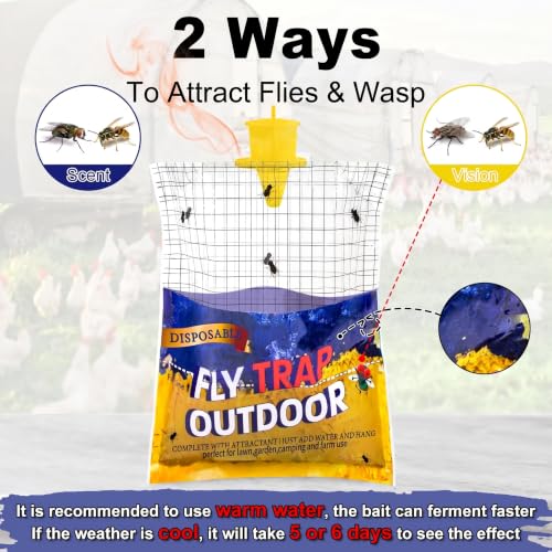 6 Big Fly Bags Outdoor Wasp Traps Hanging for Patio, Pre-Baited, Disposable - size: 6 Pack