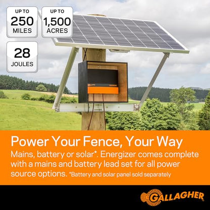 Gallagher MBS2800i Multi Power Electric Fence Charger | 28.0 Joule 12v Battery, Solar, or 110v AC Energizer with External Control and Display Panel | Powers Up to 250 Miles / 1500 Acres