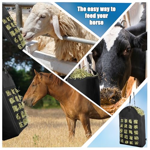 4 Pack Heavy Duty 1200D Slow Feeder Hay Bag with Large Opening for Horse, Goat, Donkeys, 13.78x7.45x18.1 Inch