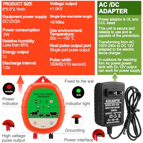 8 Mile Electric Fence Kit for Livestock, 12kv 2J Electric Fence Charger 50 Black Insulator 1 Socket Tool 250ft Aluminum Wire for Predators Deterrent Farm Fencing System