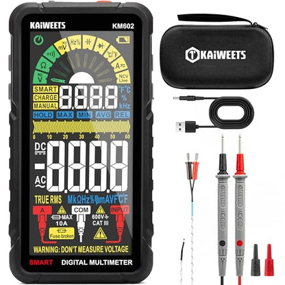KAIWEETS Smart Multimeter Rechargeable Electrical Tester with Auto Ranging Digital Voltmeter Measures Voltage Current Resistance Continuity Capacitance Temperature Frequency NCV 6000 Counts TRMS - size: KM602 Full-Screen Smart Multimeter