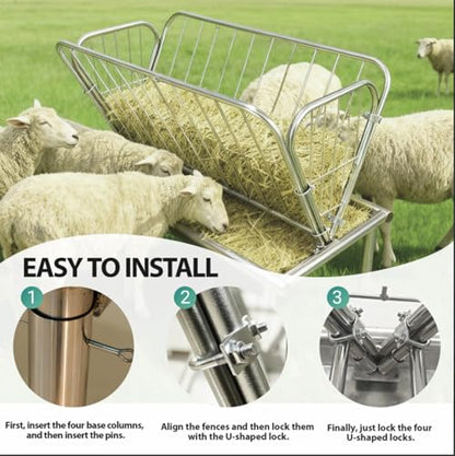 Heavy Duty Galvanized Steel Livestock Feeder, 4 Ft Outdoor Pasture Feeder, Large Capacity 2 in 1 Grain & Hay Rack with Steel Frame & 6” Deep Feed Pan, for Goats, Cow, Sheep, Horses