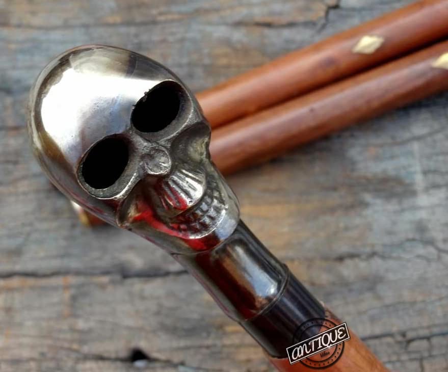 Brass Handle Victorian Telescope Foldable Wooden Walking Stick Cane Ideal Vintage Gift Men Women Father/Mother - style: Skull