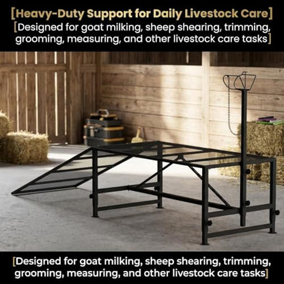 53x26"Goat Sheep Stand with Removable Ramp & Feed Tray, 1000LBS Livestock Trimming Stand, Adjustable Height for Milking Shearing Hoof Care Metal Construction