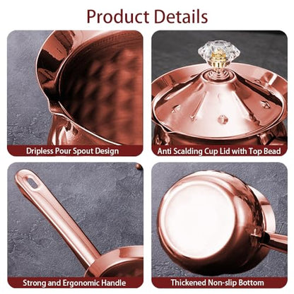 Hammered Stainless Steel Turkish Coffee Pot - 13.5 Oz, 400 Ml - Cezve Ibrik with Handle and Lid, Rose Gold, Stovetop Maker - color: Rose Gold, size: 13.5 Ounces