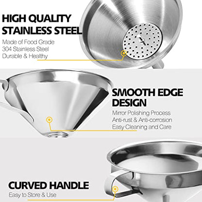 Anaeat 3 Pack Stainless Steel Kitchen Funnel Set, Multi-Use Premium Metal Food Grade Cooking Funnels with 2 Removable Strainer Filter for Transferring Liquid or Dry Ingredients & 1 Pc Cleaning Brush