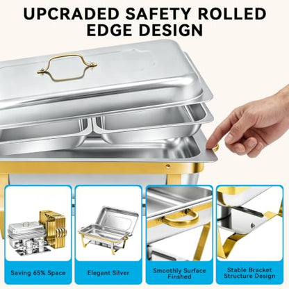 9QT Chafing Dishes for Buffet 4 Pack with 7 Multi-Size Food Pans - color: Silver + Golden