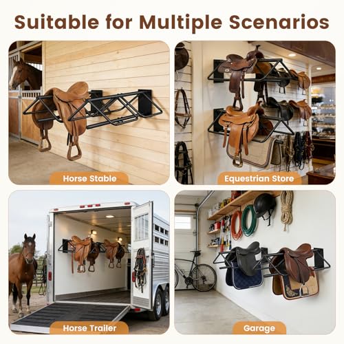 2 Pcs Saddle Rack Wall Mount with Saddle Pad Bar, 120-lb Capacity Heavy Duty Steel Horse Saddle Stand, Blanket Holder Tack Storage for Western English Saddles, Tack Room Barn Organizer, Black