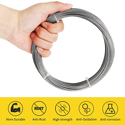 1/16 Wire Rope, 100FT 304 Stainless Steel Cable with 50Pcs Crimp Sleeves, Aircraft Grade, 7x7 Strand, 368lbs Breaking Strength, for Garden Trellis, Clothesline, Railing,Trellis - size: 100 ft