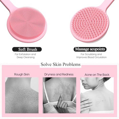 Silicone Back Scrubber for Shower, 17in Lengthen Long Handle Body Brush, Double Sided Shower Brush for Shower Exfoliating and Massage Can Produce Rich Foam, Long Handle Back Scrubber for Men - color: Pink